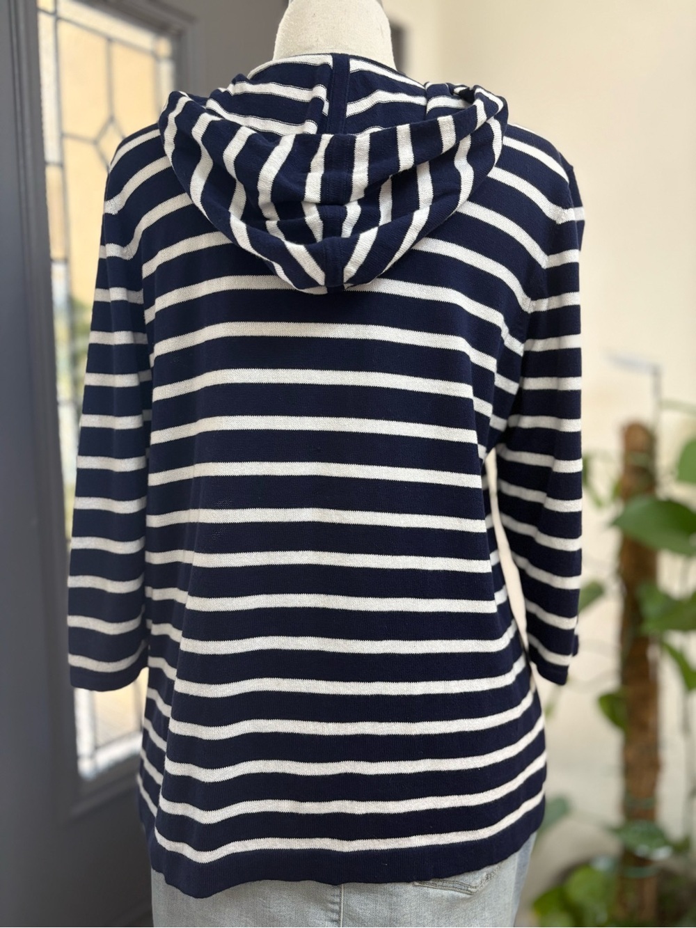 Chico's Navy and White Striped Lightweight Zip Hoodie Cardigan - Picture 5 of 8